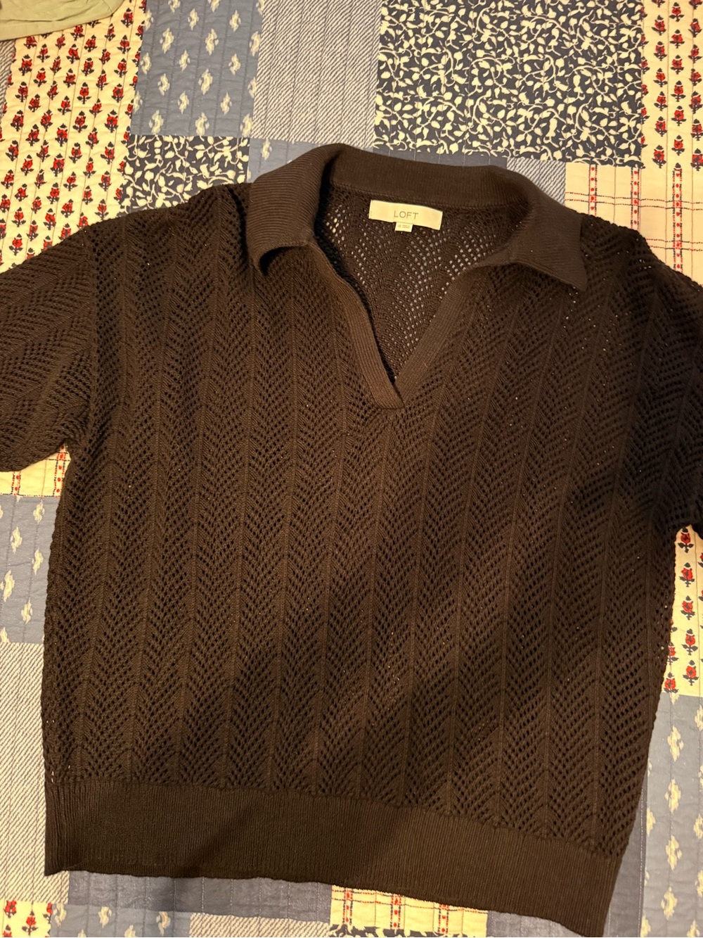 LOFT Men's Open-Knit V-Neck Collared Sweater - Black